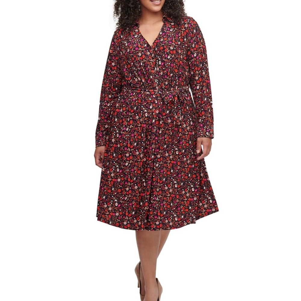 Tommy Hilfiger Dress Size 20W Floral Jesery Stretch Long Sleeves Red